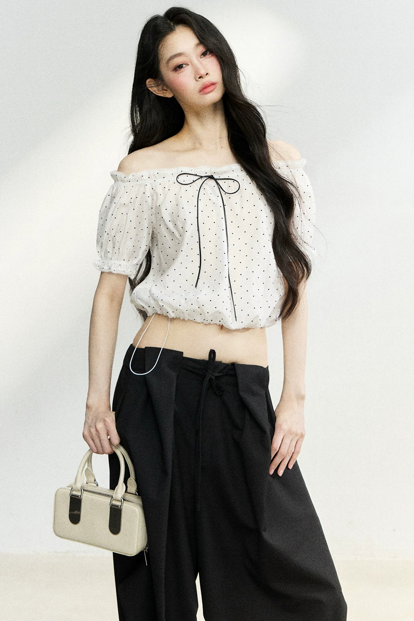 Polka Dot Bow Blouse and Pants Set-Up