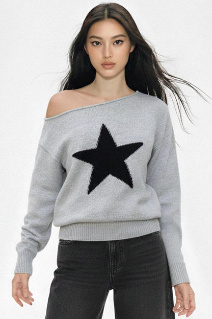 Contrasting Star Off-Shoulder Sweater