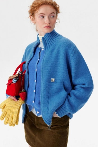 Candy-Colored Double-Zip Knitted Jacket