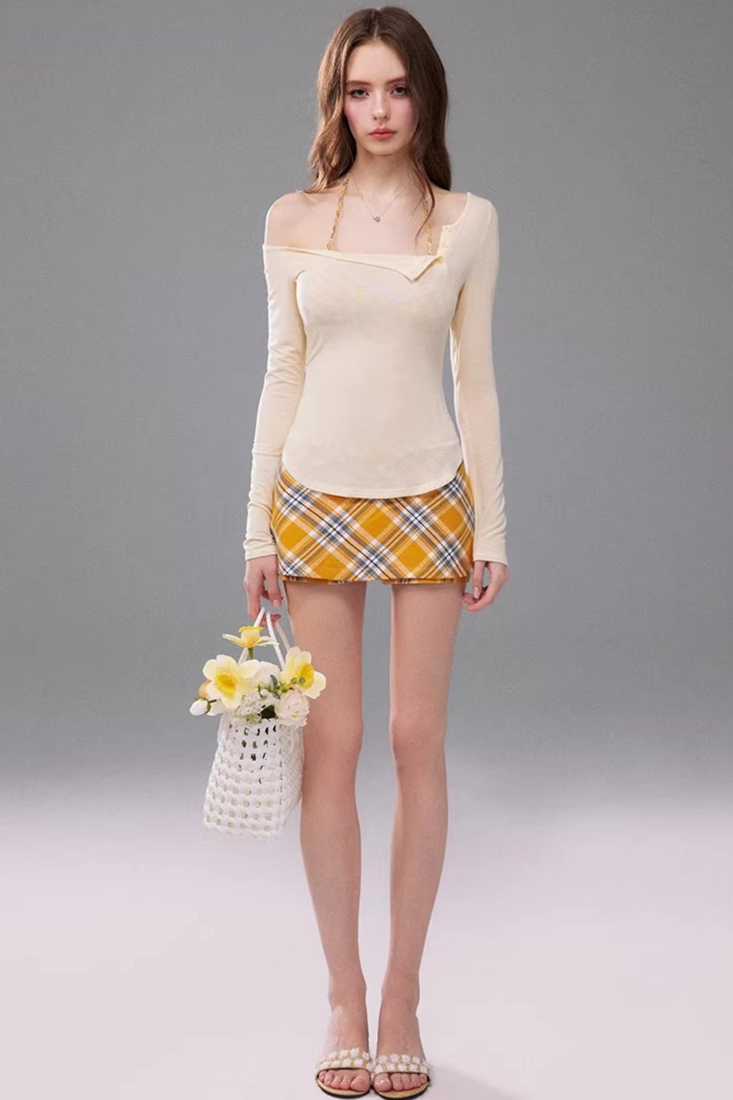 Off-Shoulder Plaid Corset and T-Shirt Matching Set