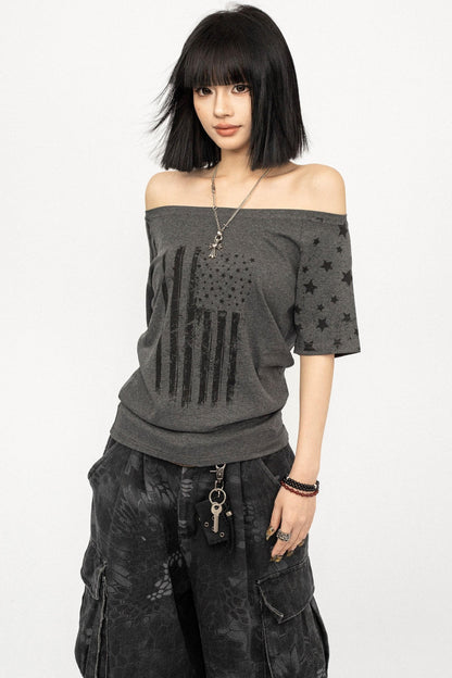 Retro Printed One-Shoulder Top