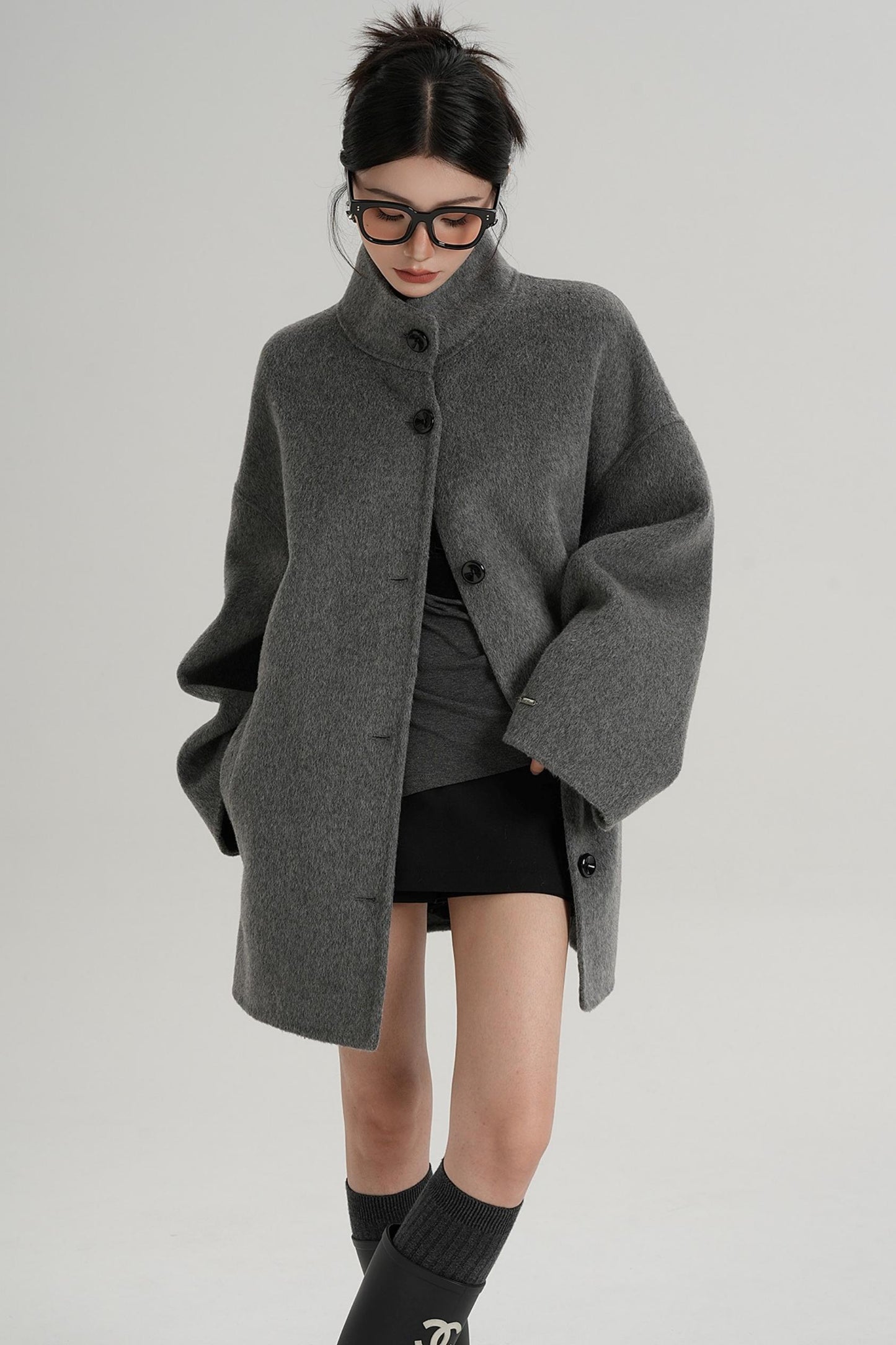 Stand-Up Collar Loose Sleeve Wool Jacket