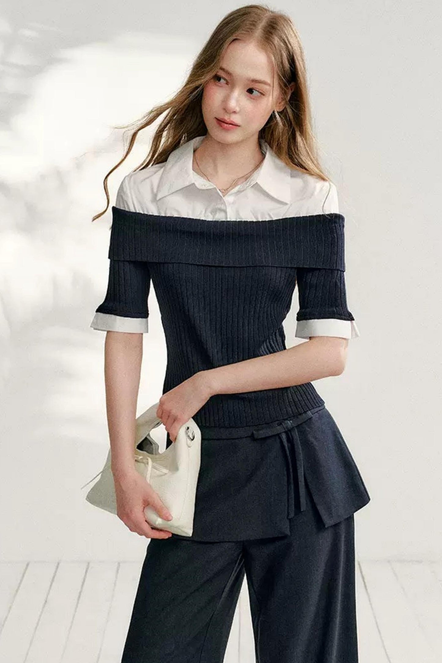 Color-Block Shirt Collar Knit Set-Up