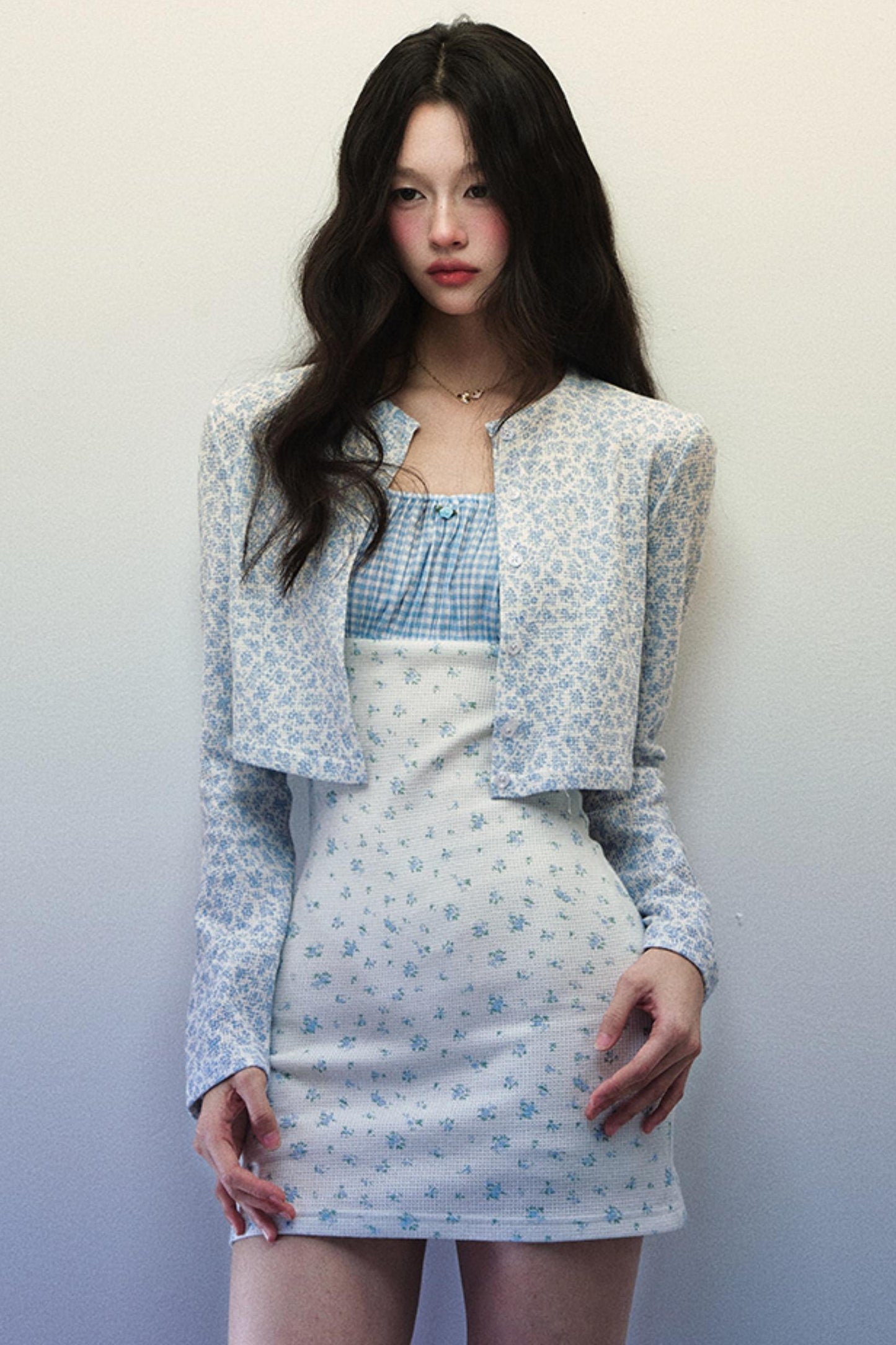 Plaid Floral Halter Dress Cardigan Set-Up