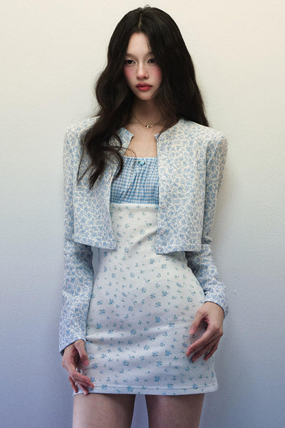 Plaid Floral Halter Dress Cardigan Set-Up