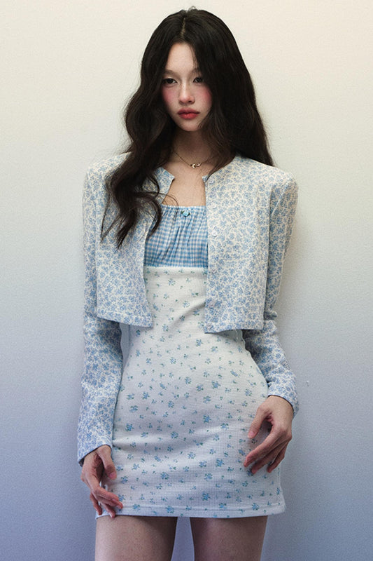 Plaid Floral Halter Dress Cardigan Set-Up