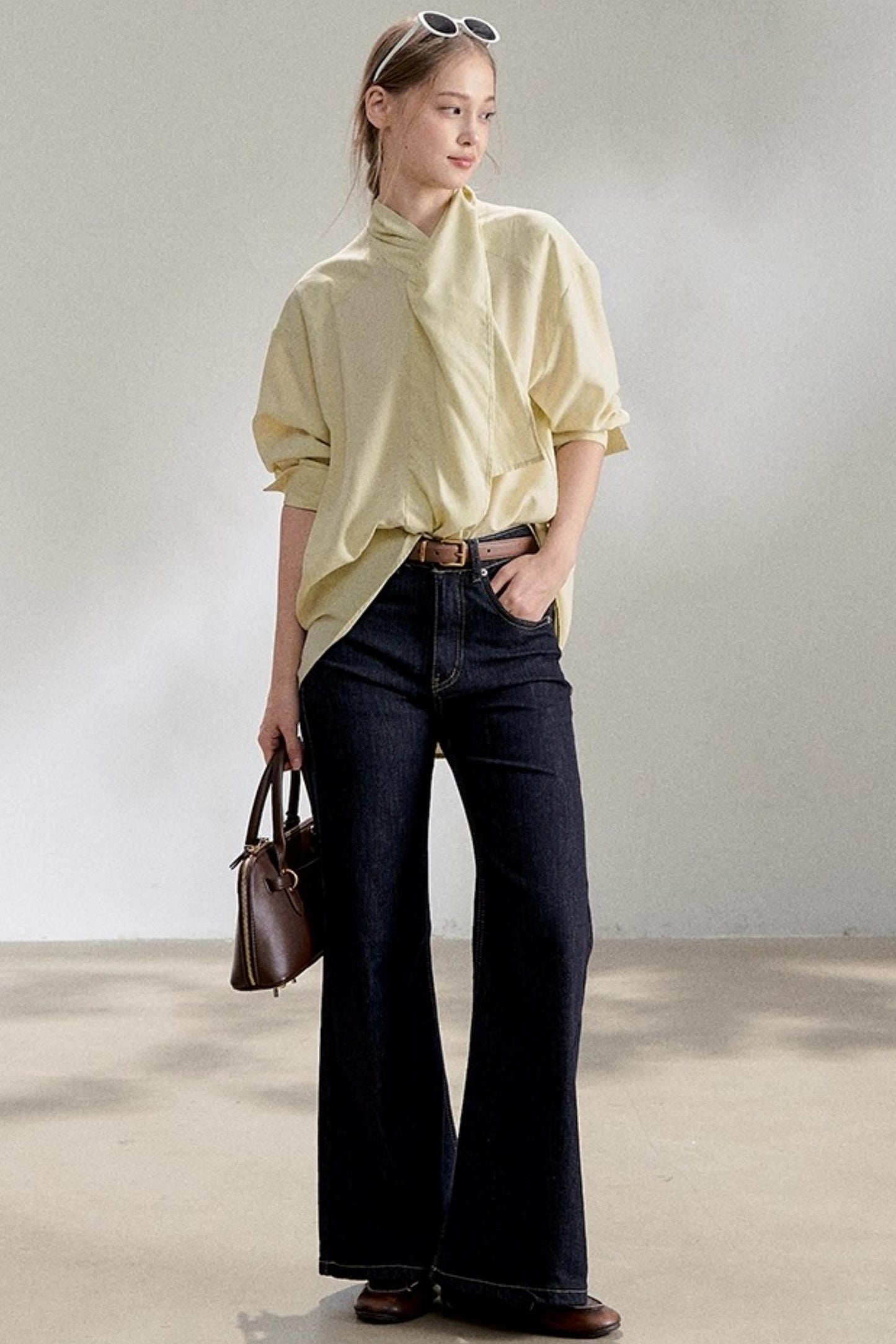 Yellow Lace-up Stand Collar Shirt