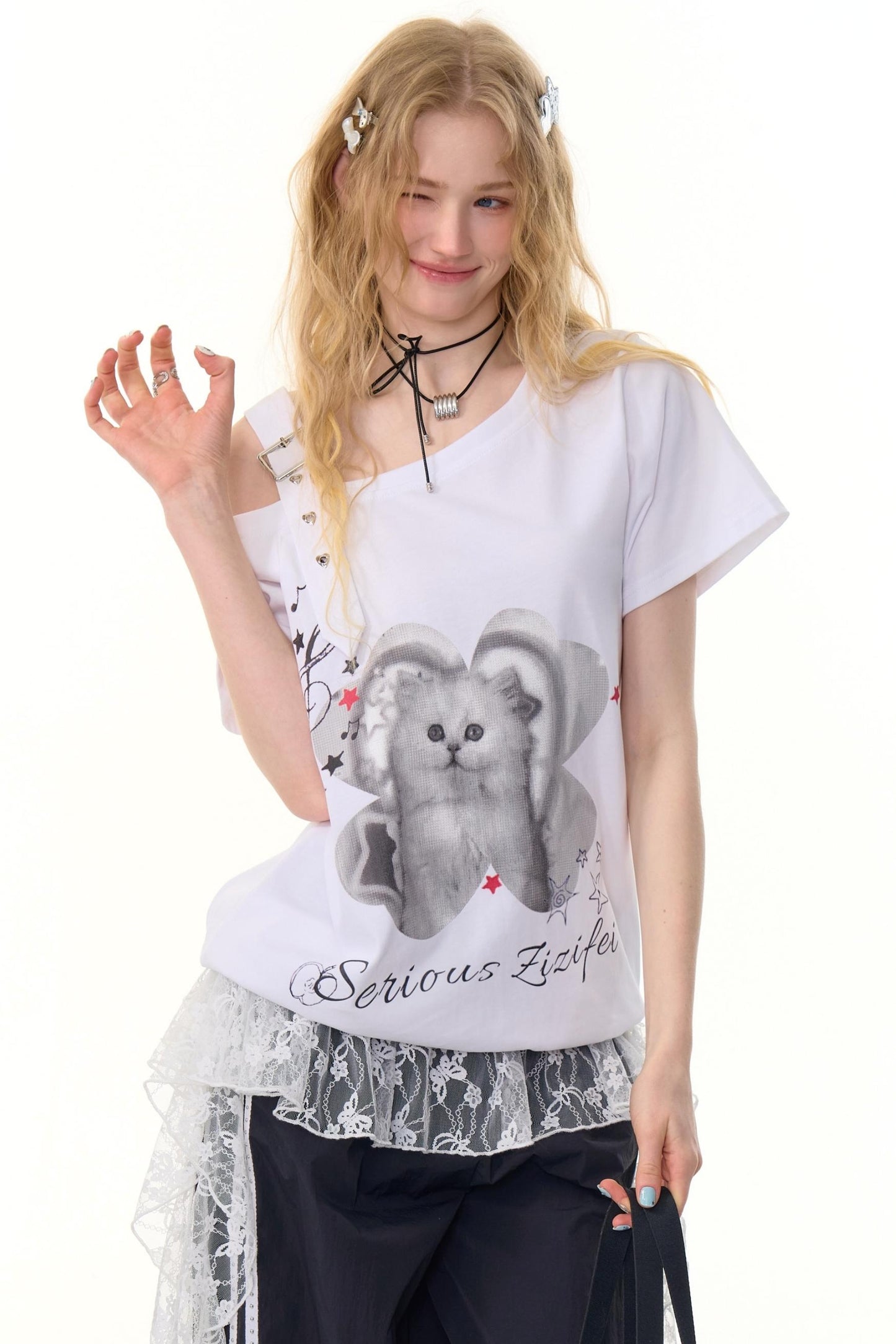 Summer Cat Off-The-Shoulder Top