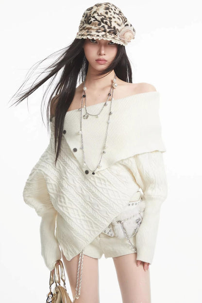 White One-Shoulder Knitted Sweater