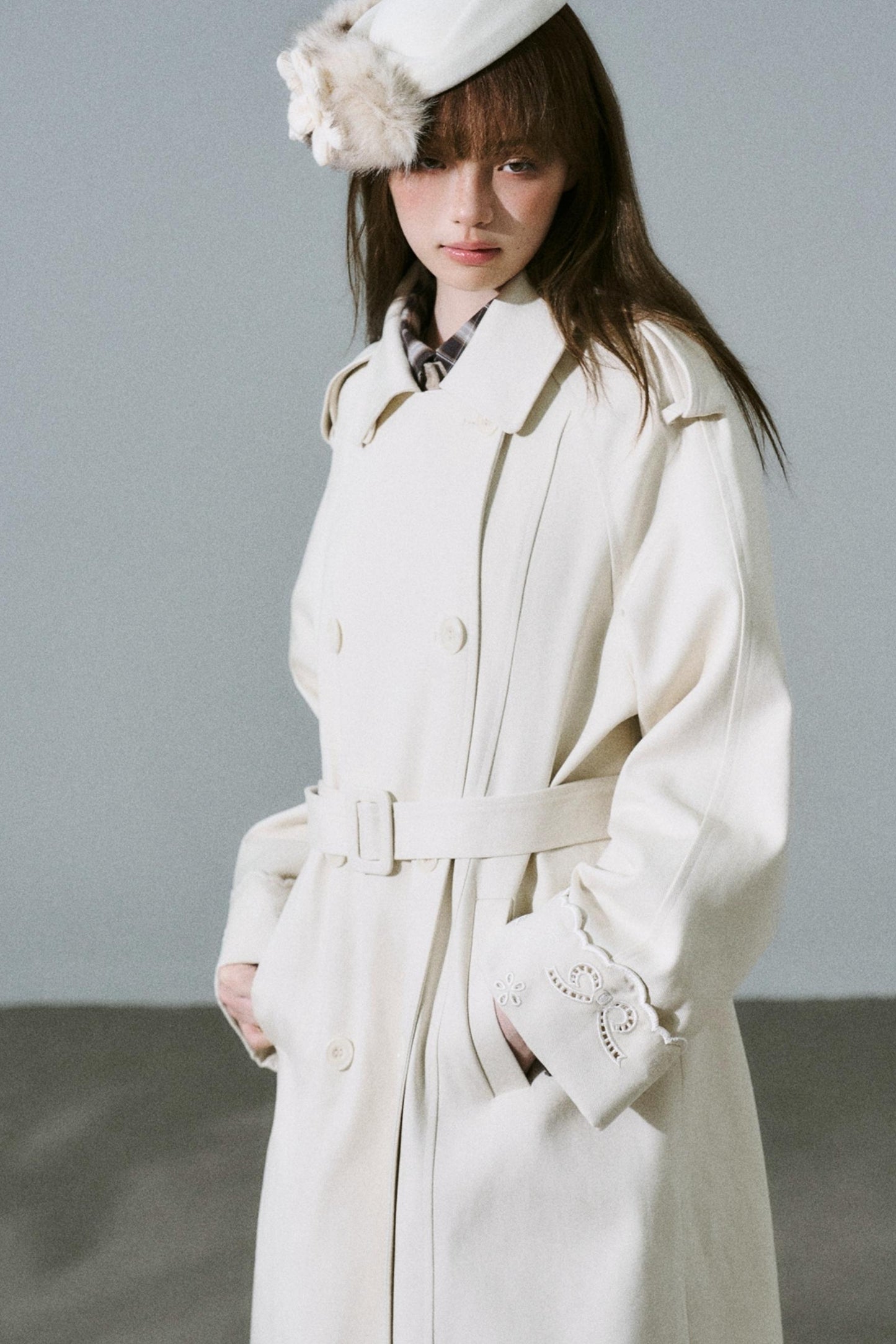 Creamy Hollow Flower Trench Coat