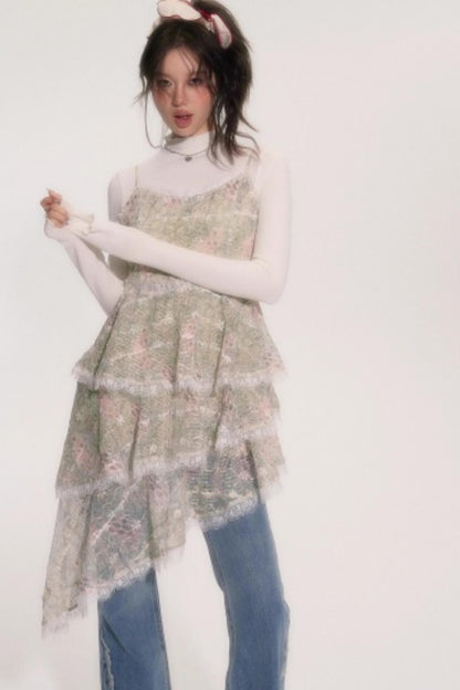 Embroidered Lace Ruffle Dress