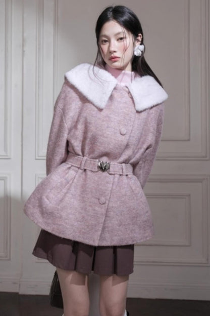 Cream Pink Hooded Wool Coat Set