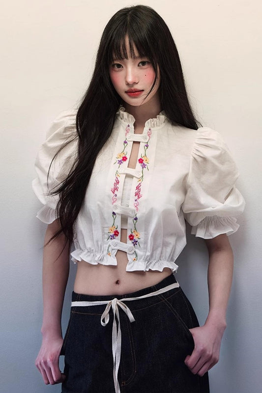 Linen Bubble Sleeve Blouse