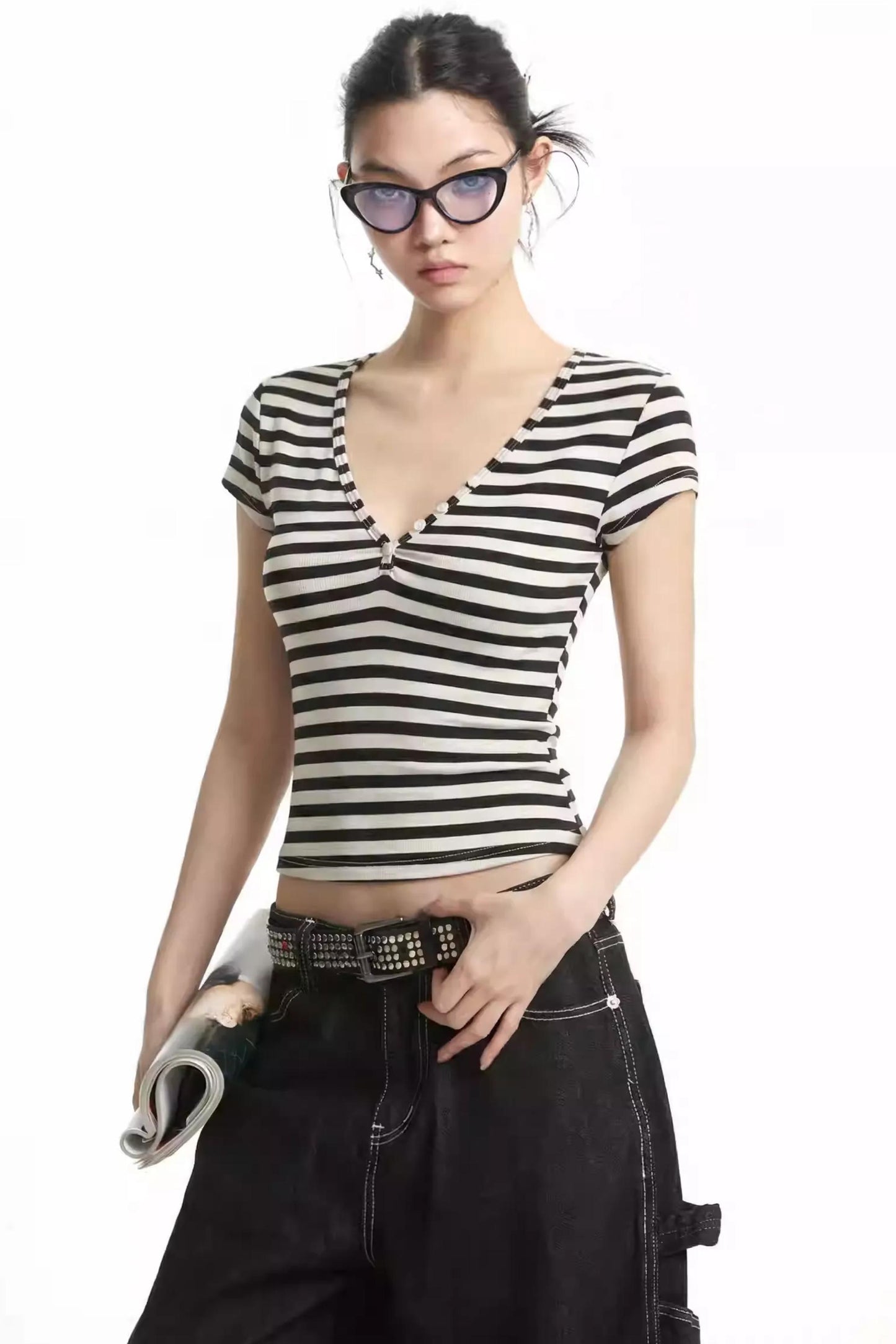 Retro Striped V-Neck Top