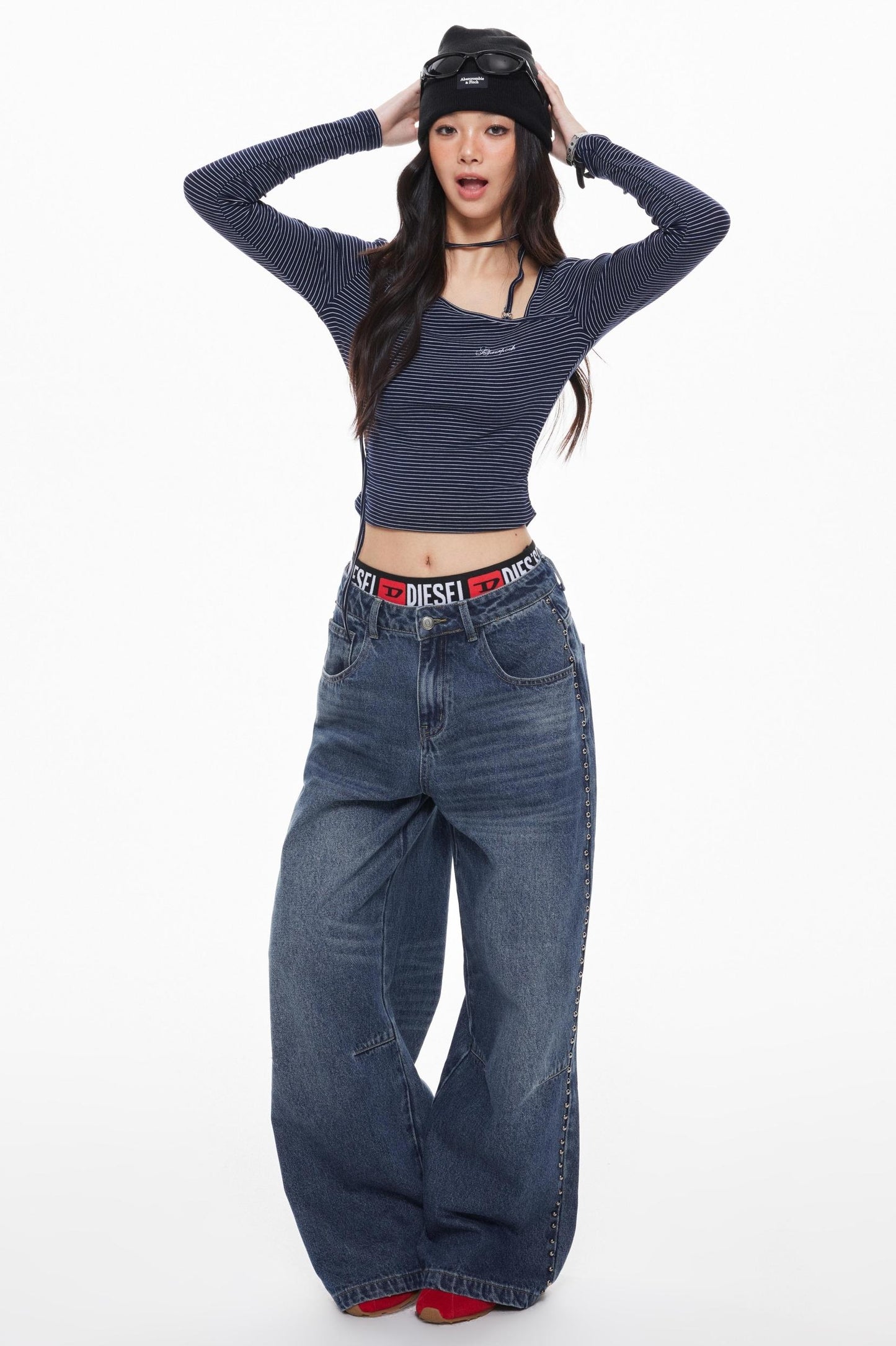 Vintage Blue Beaded Wide-Leg Jeans