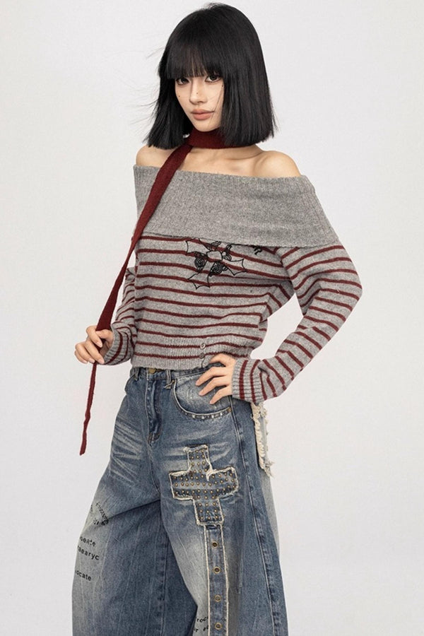 Light Sweet Asian One-Shoulder Knitted Sweater