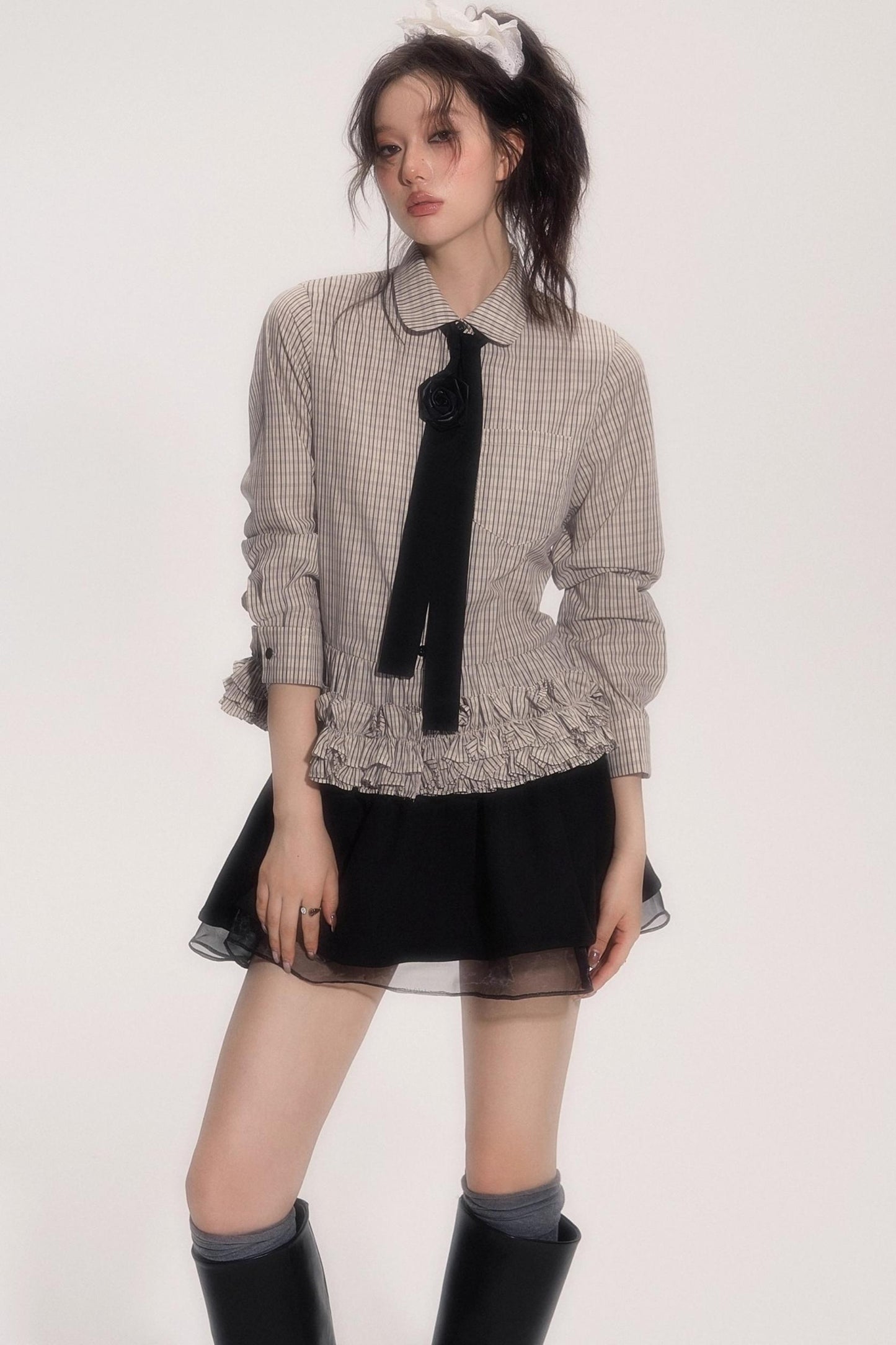 Flower Hem Shirt With Tie Set-Up