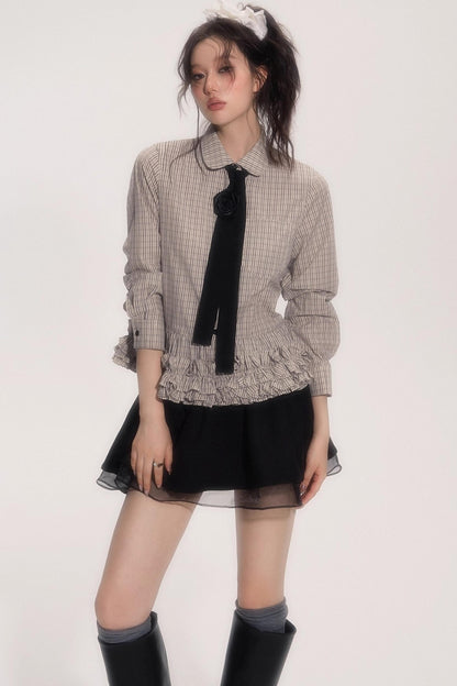 Flower Hem Shirt With Tie Set-Up