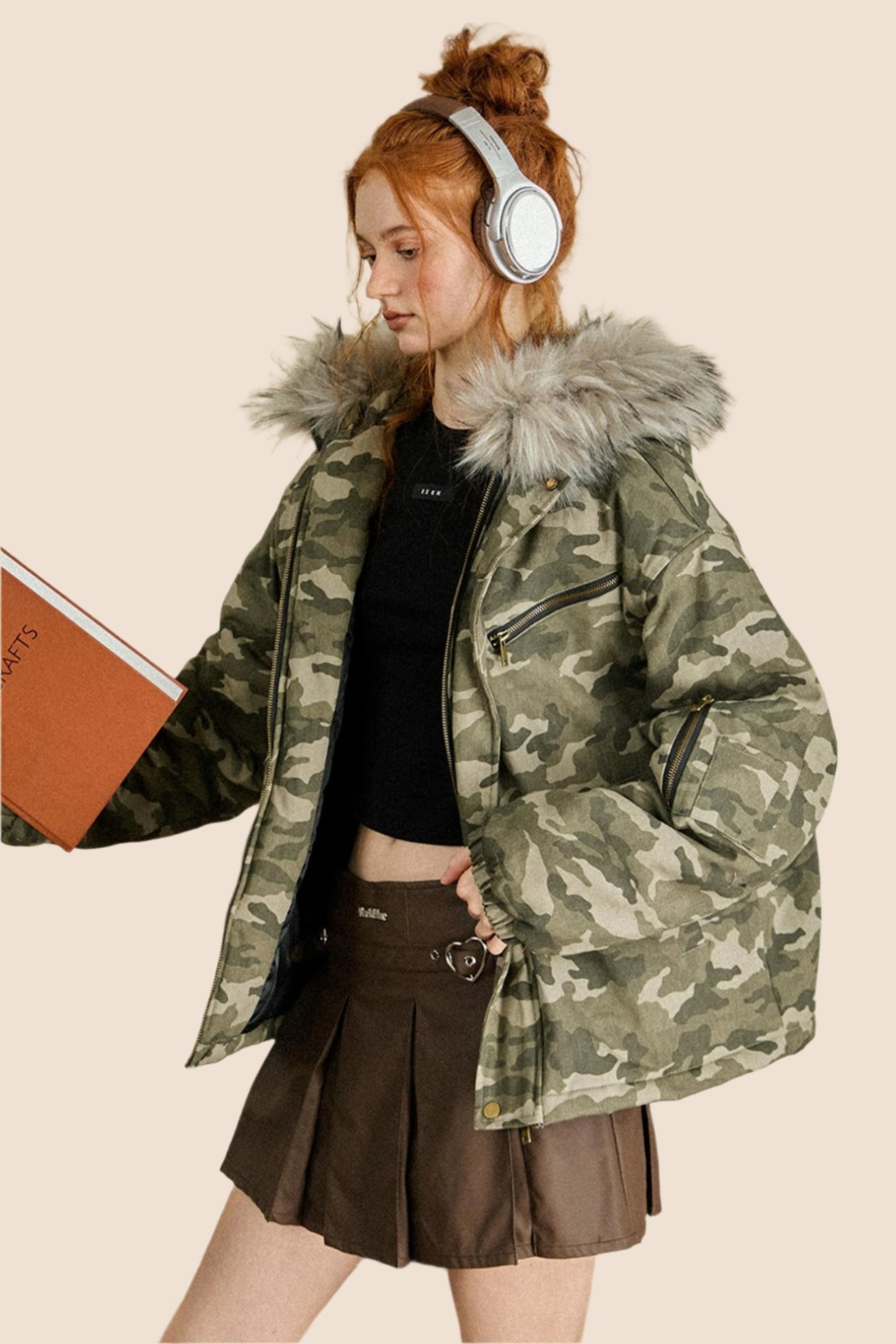 EZEK AMERICAN RETRO CAMOUFLAGE BIG FUR COLLAR HOODED COTTON JACKET COTTON CLOTHES WOMEN'S WINTER NEW LOOSE COTTON JACKET JACKET TIDE