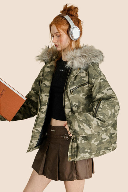 EZEK AMERICAN RETRO CAMOUFLAGE BIG FUR COLLAR HOODED COTTON JACKET COTTON CLOTHES WOMEN'S WINTER NEW LOOSE COTTON JACKET JACKET TIDE