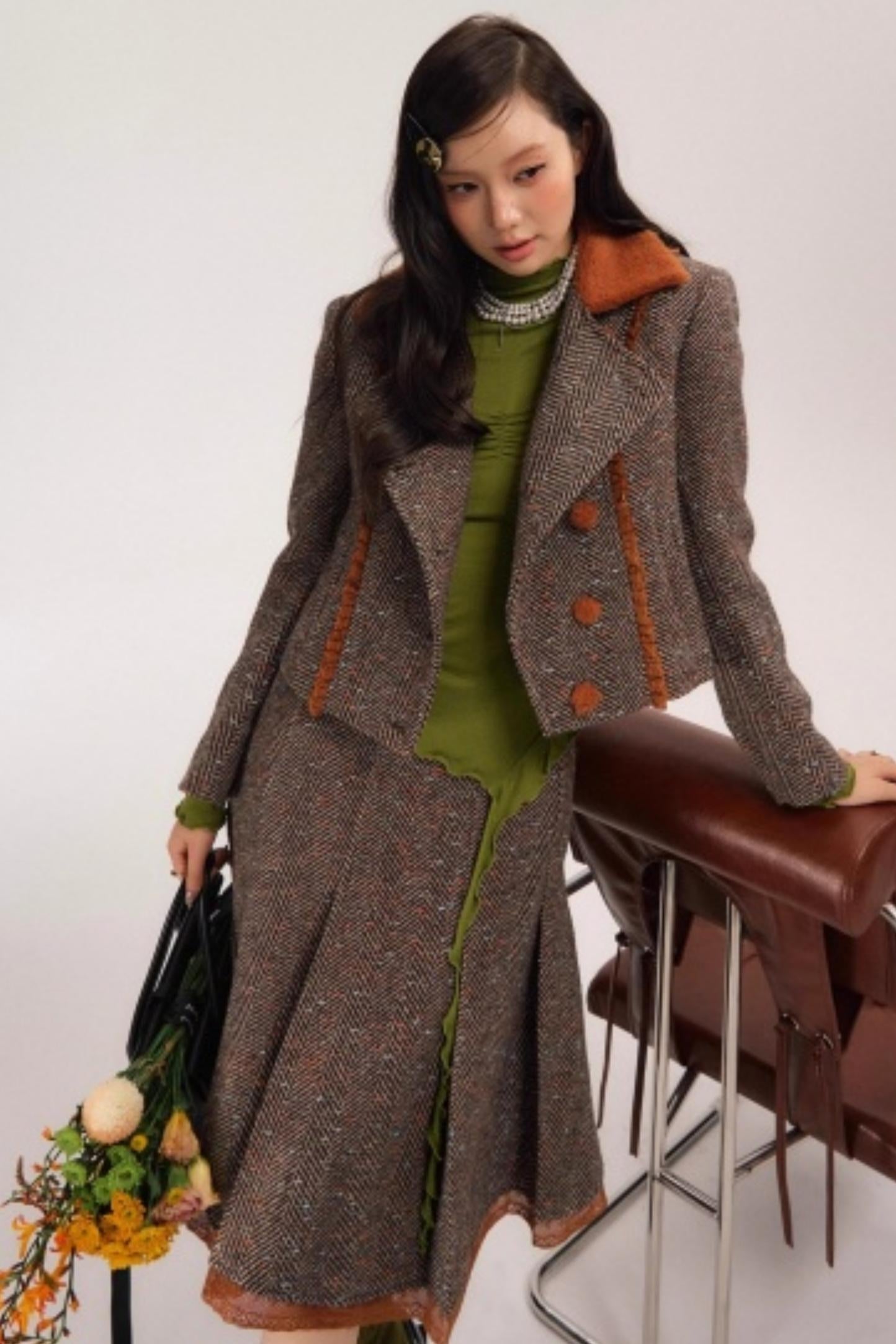 Vintage Wool Herringbone Coat Skirt Set-Up