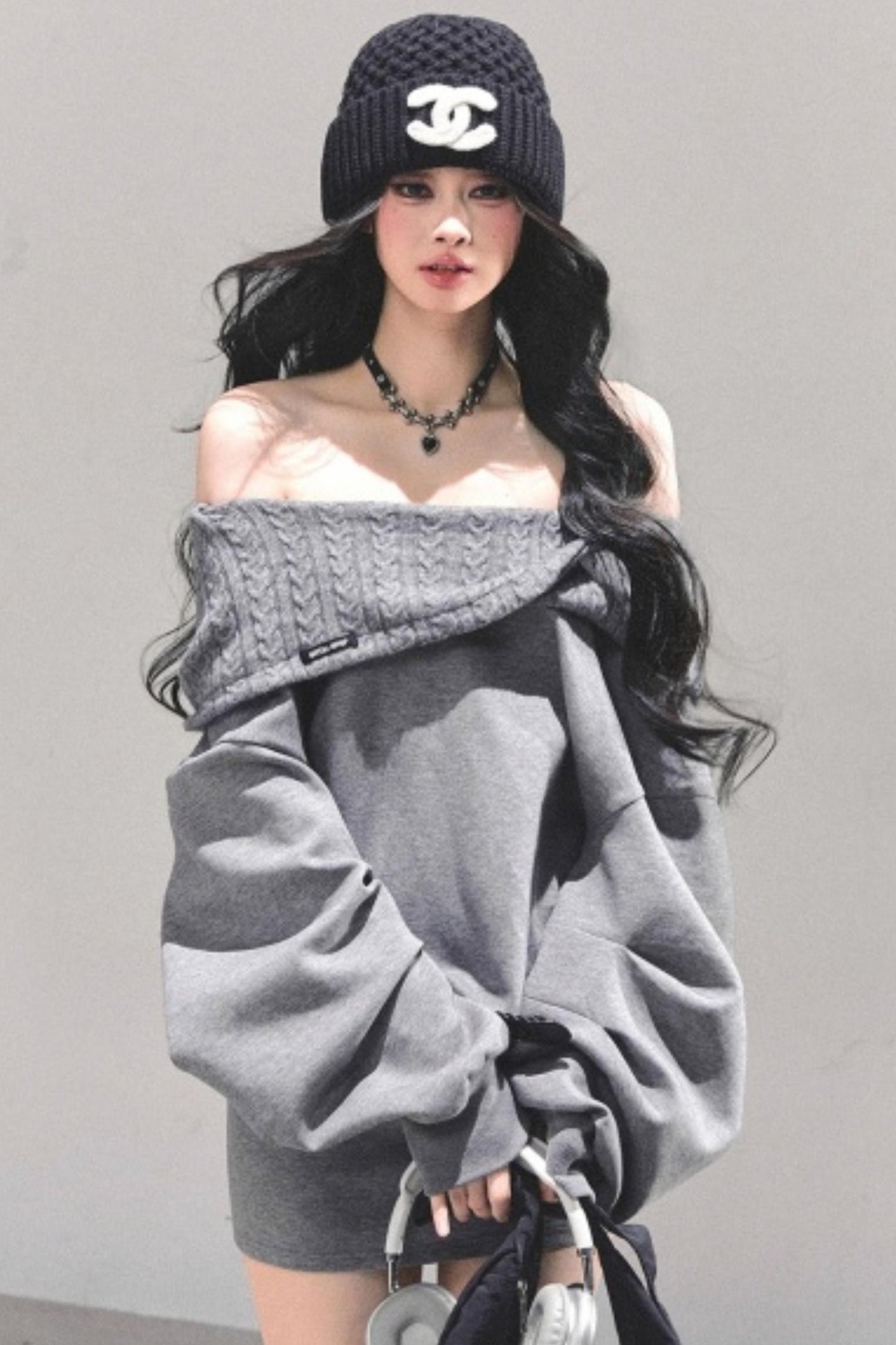 One Shoulder Grayscale Sweatshirt Dress