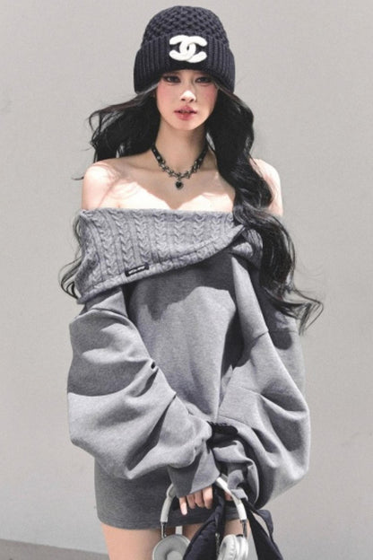 One Shoulder Grayscale Sweatshirt Dress