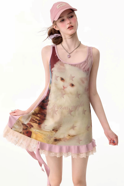 Pink Cat Print Lace Vest Dress