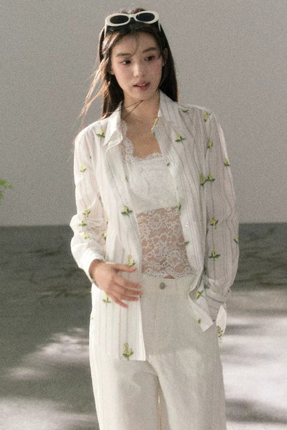 Striped Floral Sunscreen Shirt Set-Up