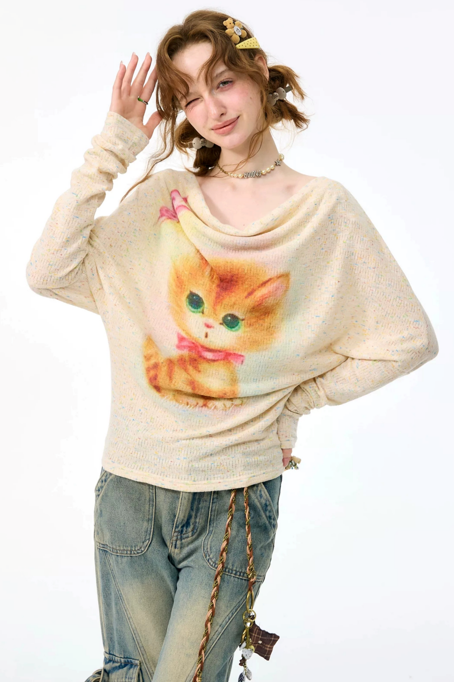 Cat Print Long Sleeve Blouse