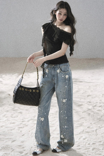 Starry Appliqué Denim Pants