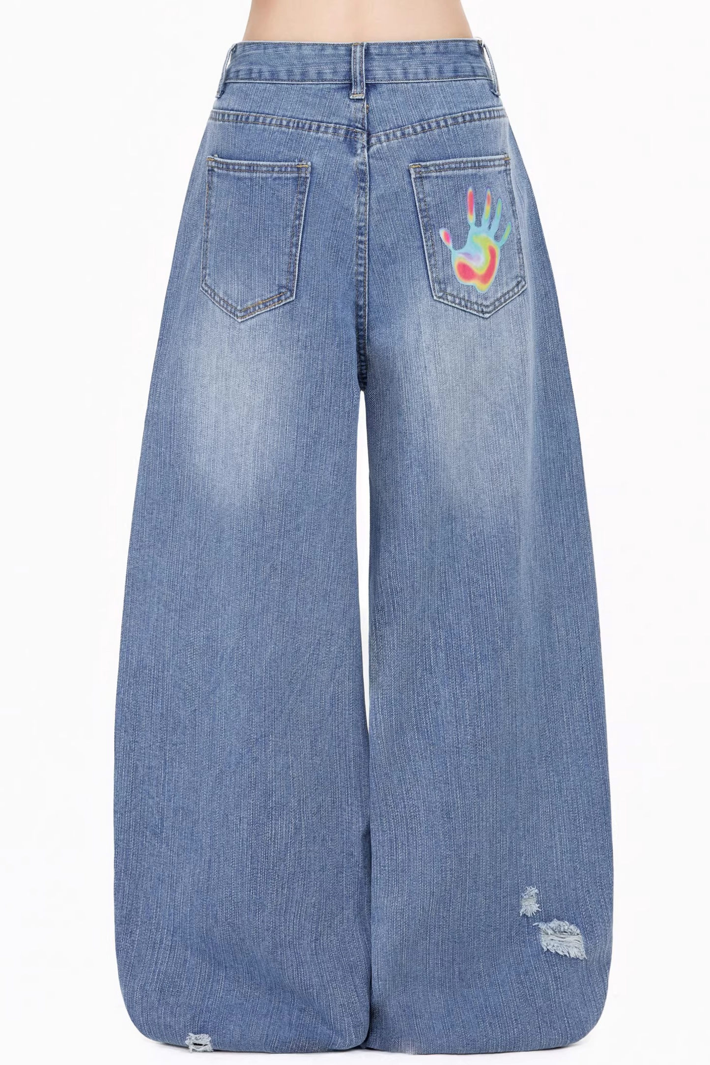 그래피티 프린트 찢어진 데님 팬츠