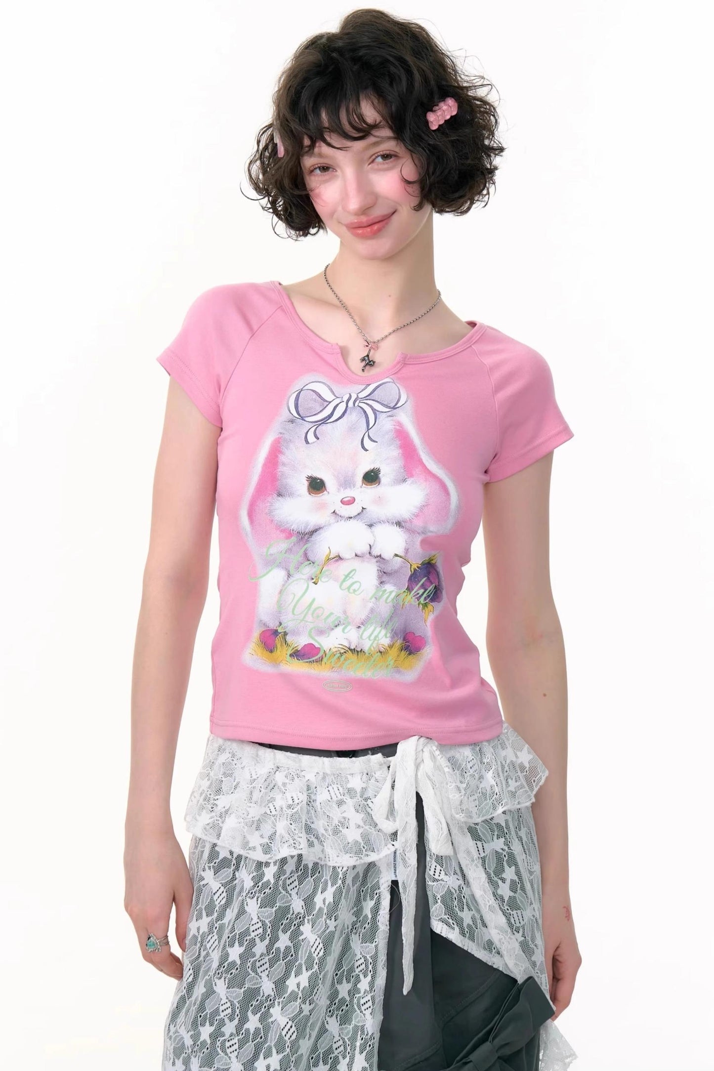 Retro Design Rabbit Print Slim Top