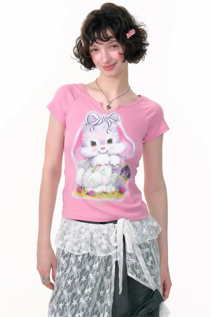 Retro Design Rabbit Print Slim Top