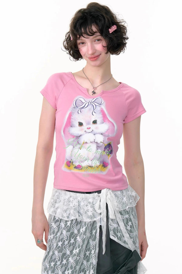 Retro Design Rabbit Print Slim Top