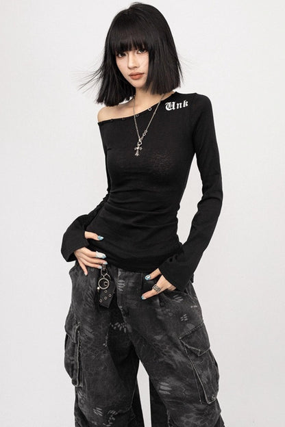 Autumn Retro Black Slanted Shoulder Long Sleeve Slim Top