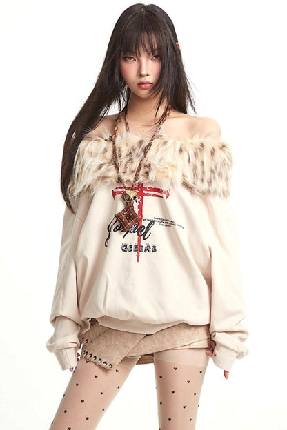 Vintage Apricot One-Shoulder Fur Collar Sweatshirt