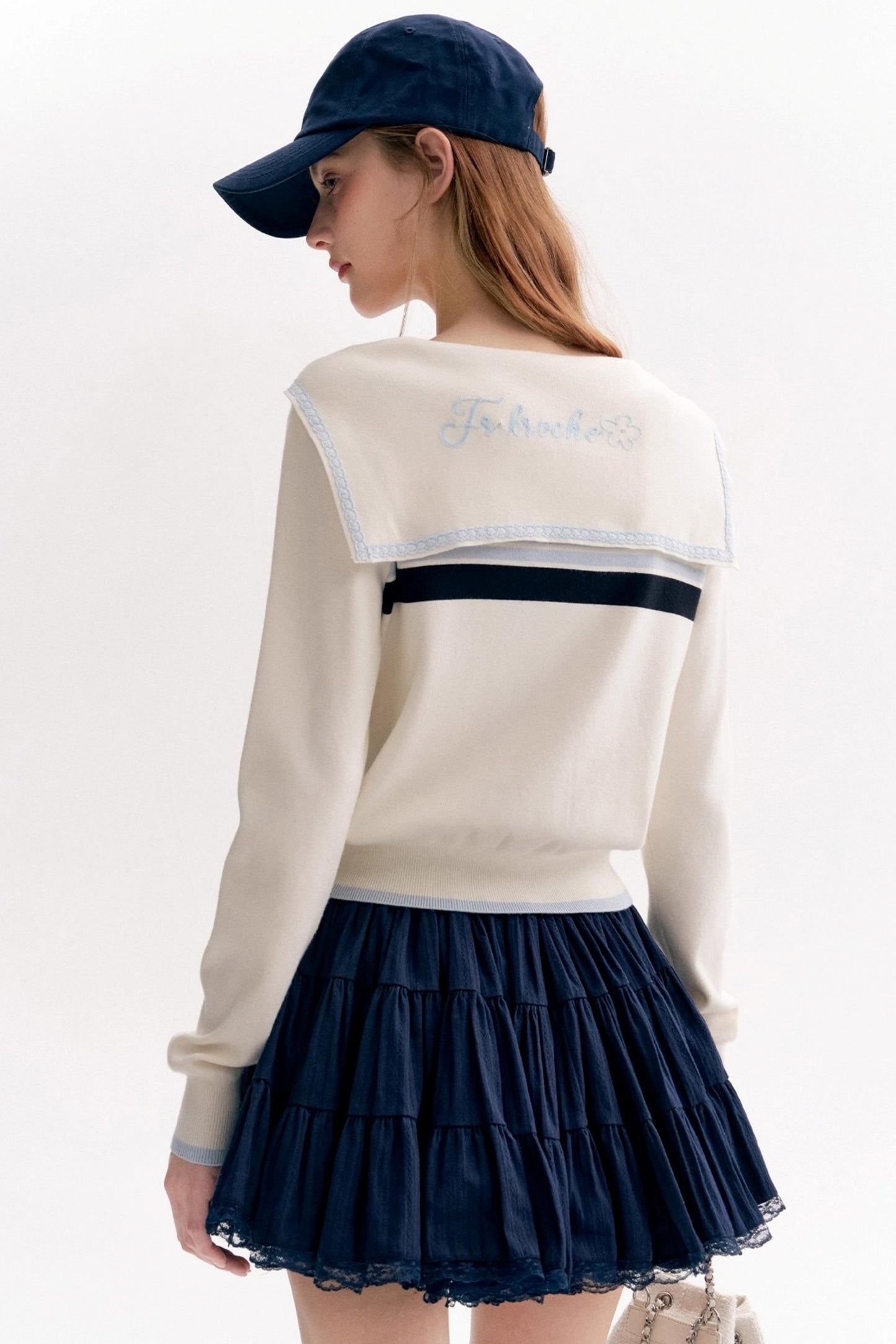 Navy Tie Shawl Contrast Sweater