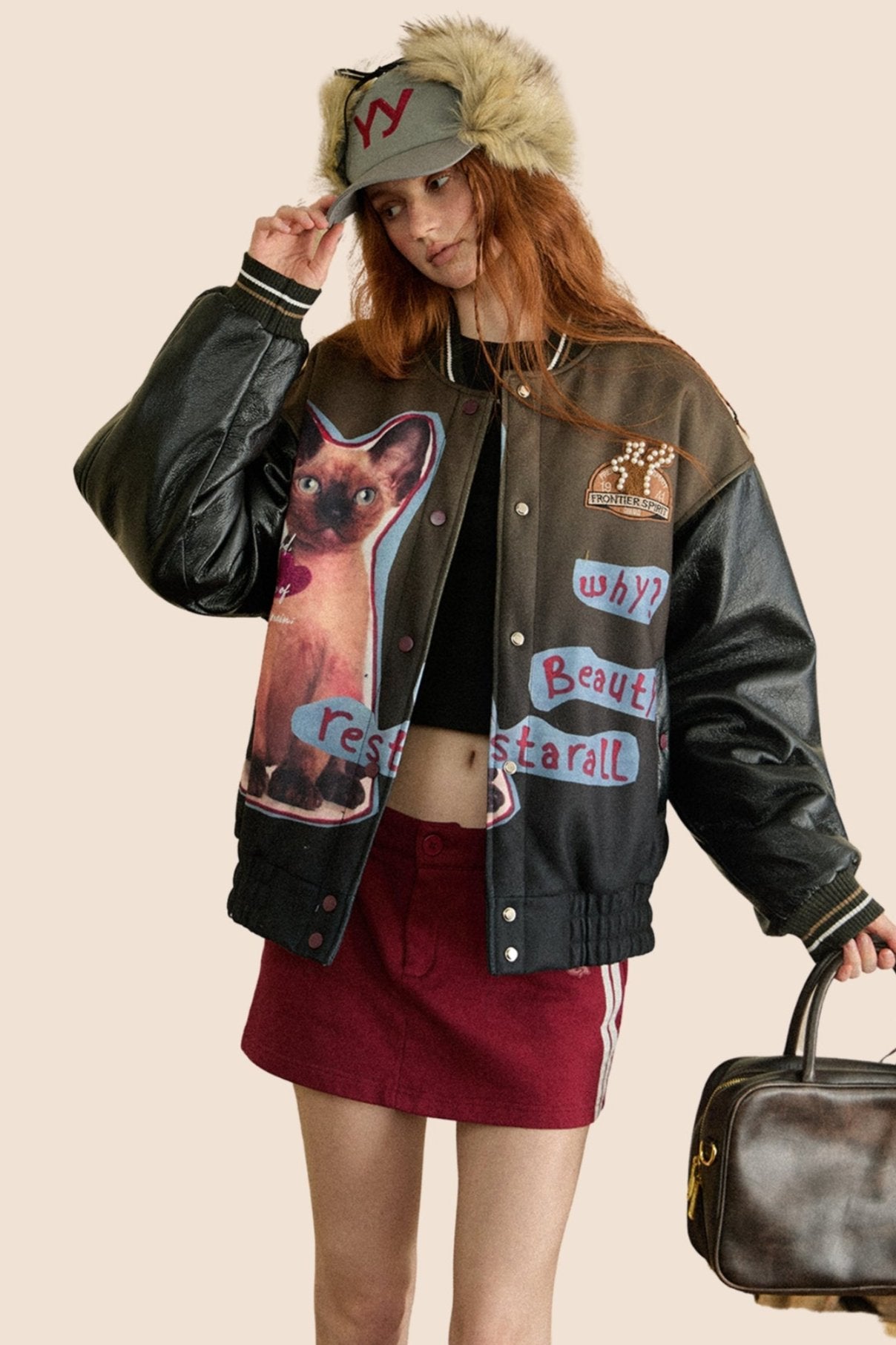 Vintage Dog Print Pu Leather Jacket