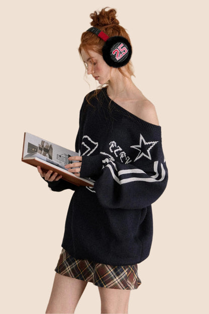 Retro Loose Slant Shoulder Knit Sweater