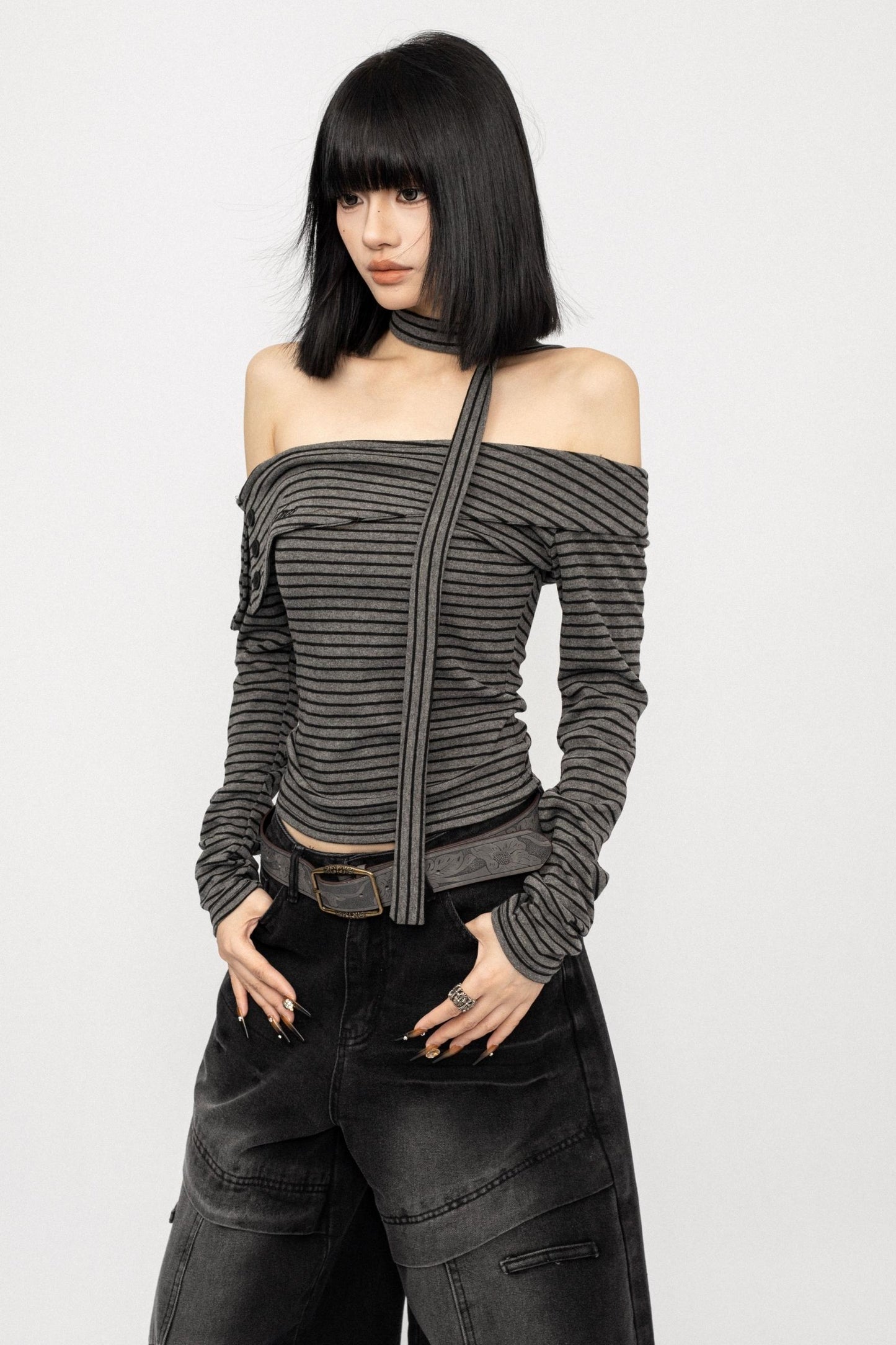 American Spice Girl Striped One-Shoulder Top