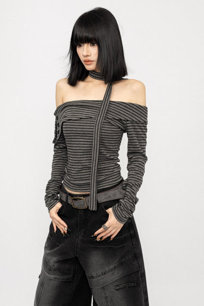 American Spice Girl Striped One-Shoulder Top