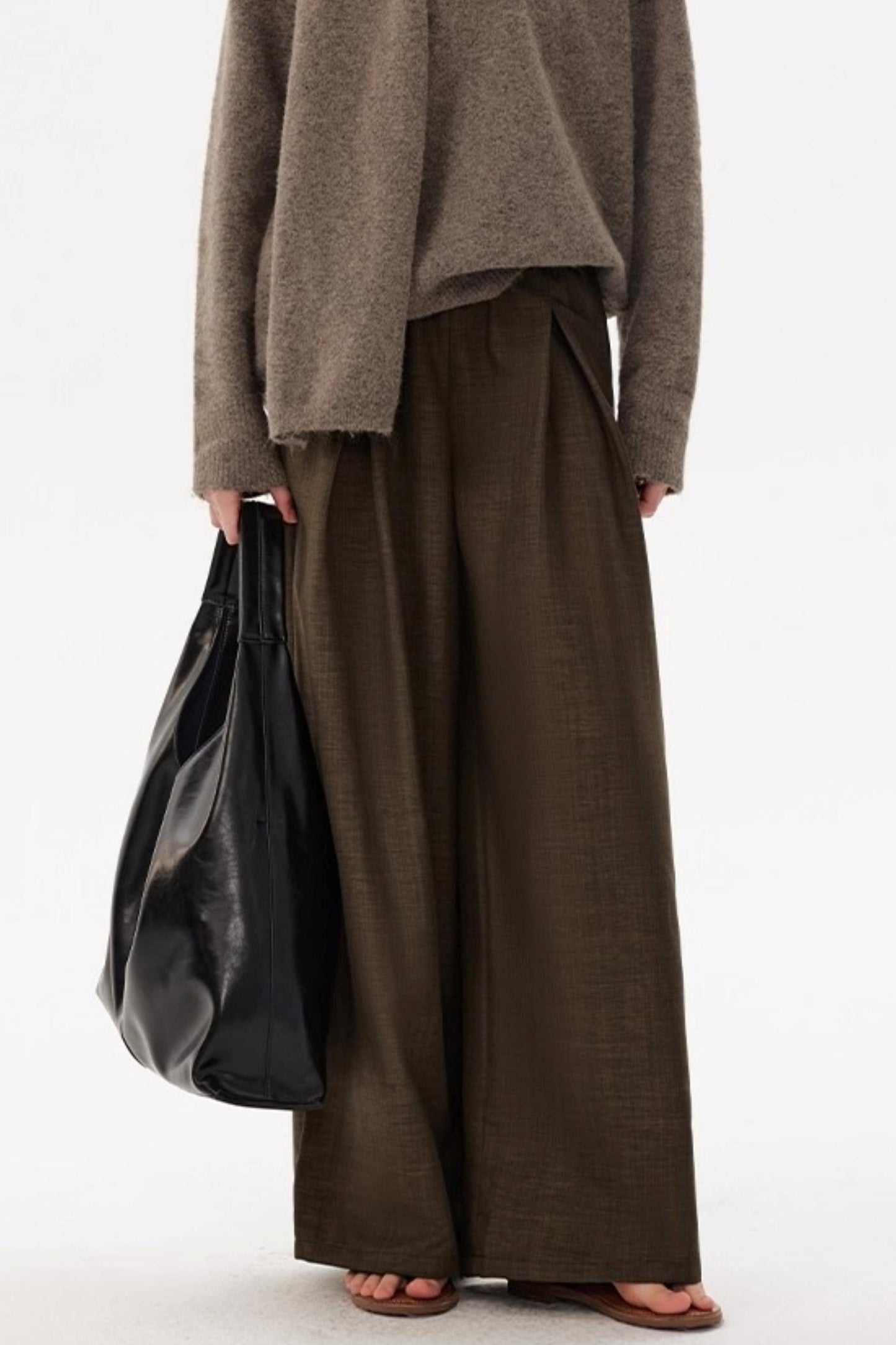 Coffee Elastic Waist Pleats Wide-Leg Suit Pants