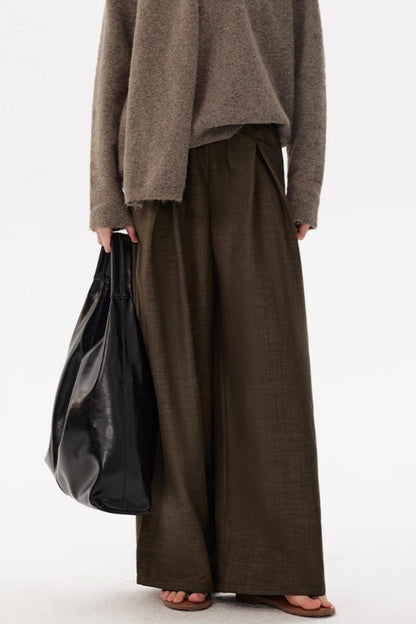 Coffee Elastic Waist Pleats Wide-Leg Suit Pants