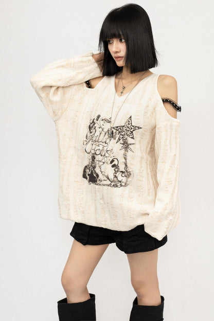 Hole Design Slope Shoulder T-Shirt