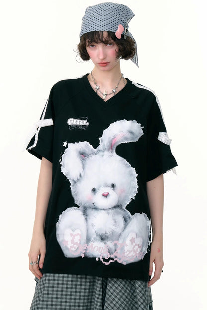 Summer Vintage Lace Bow Short Sleeve T-Shirt