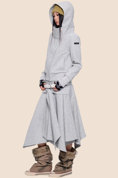 Diagonal Zipper Hooded Jacket Set-Up