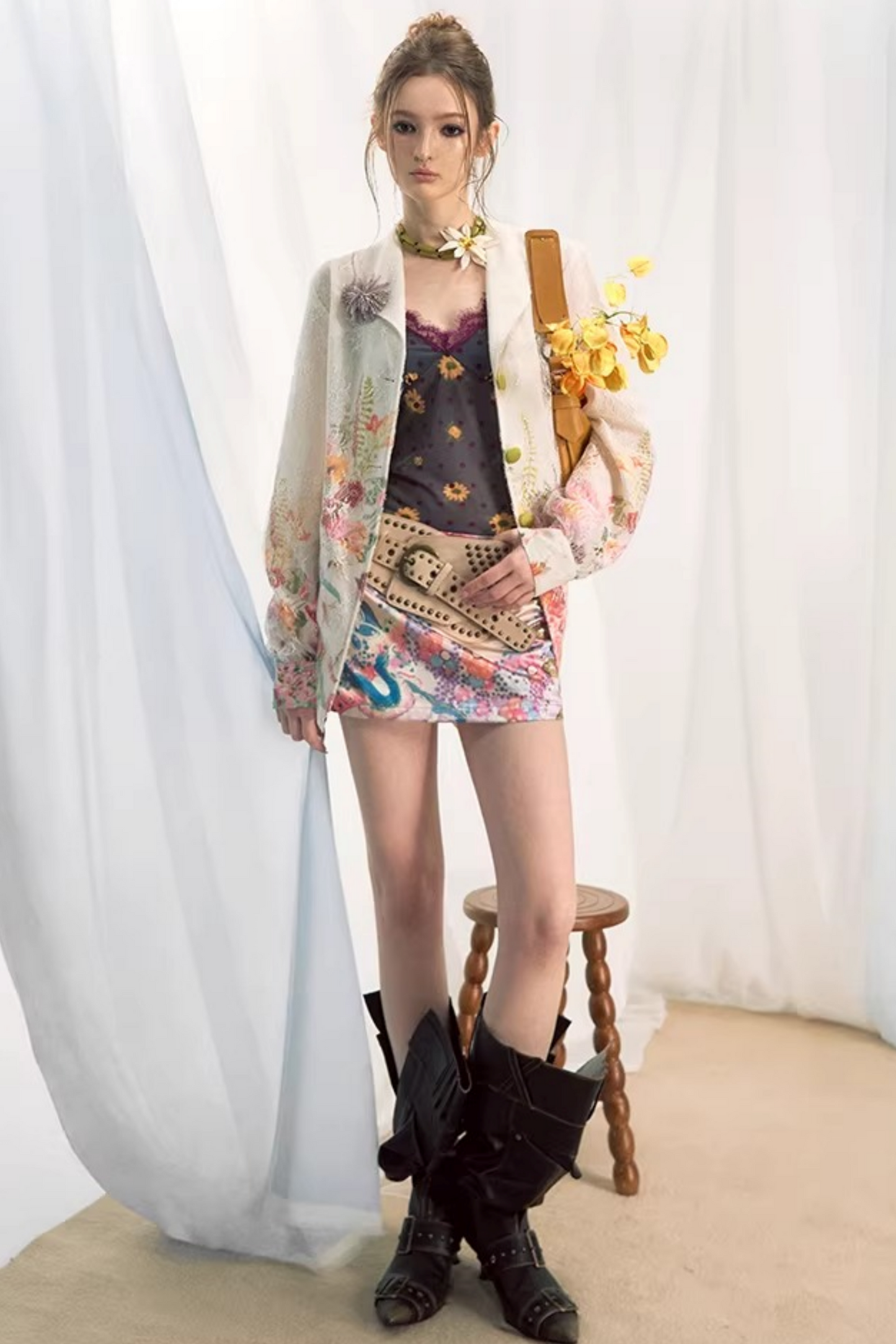 Color-Blocked Lace Blazer