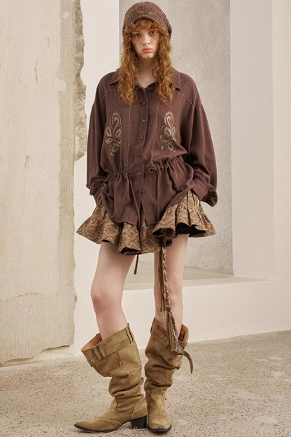 Vintage Striped Suede Embroidered Shirt