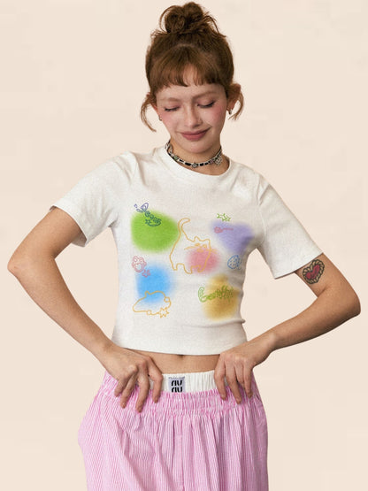 Kitten Print Front-Shoulder T-Shirt